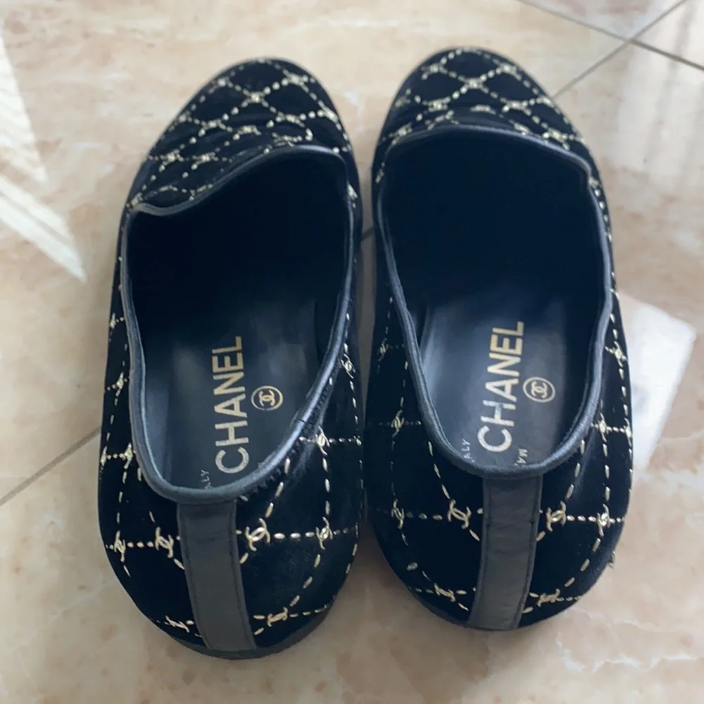 CHANEL Black Velvet Loafers with Silver Detailing - Picture 6 of 8